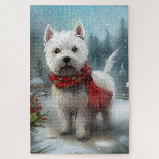 Puzzle West Highland White Terrier Dog dans la neige Noël (Vertical)