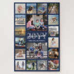 Puzzle What a Year Family Photo Collage Navy Blue Holiday<br><div class="desc">What a year to remember! Celebrate the simple joys of family with a unique and fun photo collage Holiday puzzle. If you prefer a background or text in colors other than navy blue, white and gray, see instructions below. Design features elegant handwritten style script calligraphy, modern typography family name and...</div>