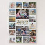 Puzzle What a Year Family Photo Collage White & Gold Xmas<br><div class="desc">What a year to remember! Celebrate the simple joys of family with a unique and fun photo collage Holiday puzzle. If you prefer a background or text in colors other than white, black and gold, see instructions below. Design features elegant handwritten style script calligraphy, modern typography family name and year,...</div>