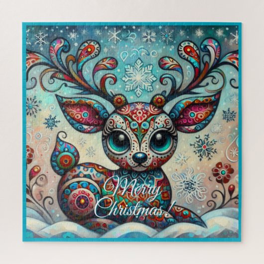 Puzzle Whimsical Big Eyes Christmas Reindeer Folk Art (Vertical)