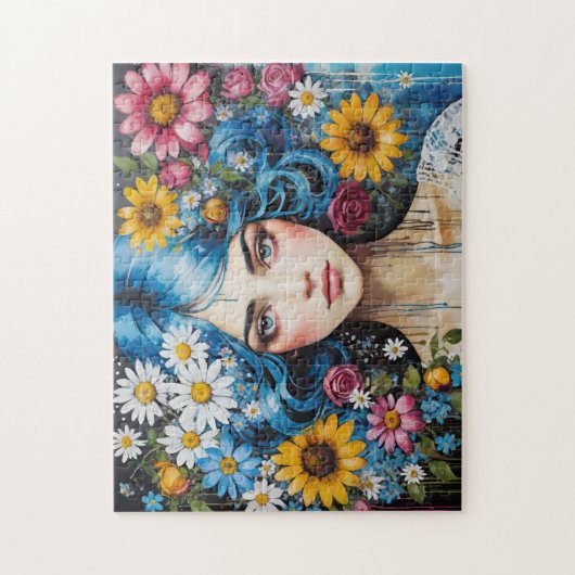 Puzzle Whimsical Blue cheveux fille avec des fleurs Déche (Vertical)