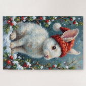 Puzzle White Rabbit in Quiet Winter Berries Hat (Horizontal)