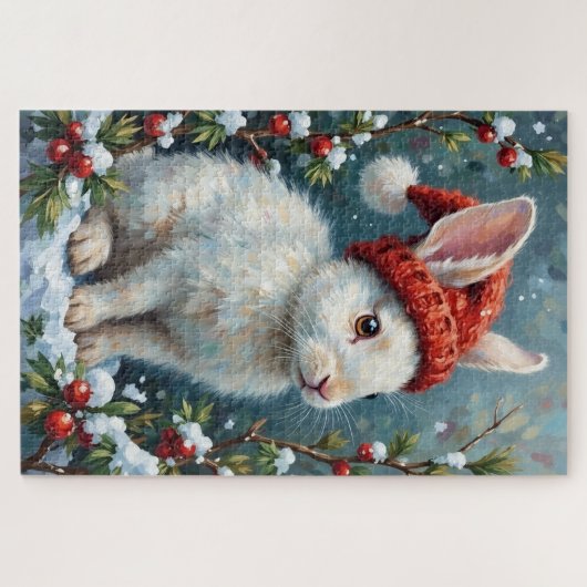 Puzzle White Rabbit in Quiet Winter Berries Hat (Horizontal)
