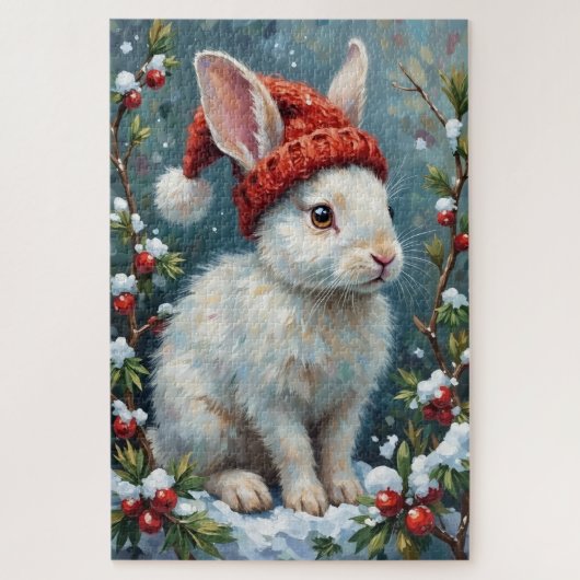 Puzzle White Rabbit in Quiet Winter Berries Hat (Vertical)