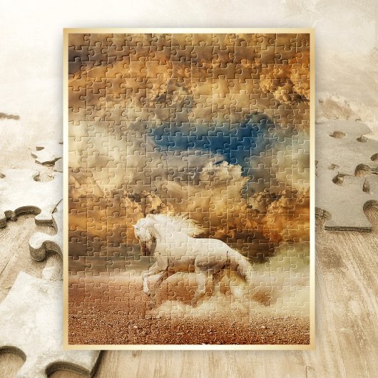 Puzzle White Wild Horse Galloping in Desert, Stormy Sky -