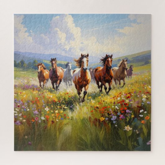 Puzzle Wild Horses Running in a Wildflower Meadow (Vertical)