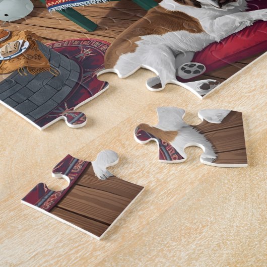 Puzzle Winter Cabin Deck Dogs Fire Pit Snow Scene (Côté)
