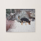 Puzzle Winter snow scene with cute black and tan dog (Horizontal)