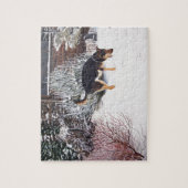 Puzzle Winter snow scene with cute black and tan dog (Vertical)