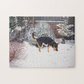 Puzzle Winter snow scene with cute black and tan dog (Horizontal)