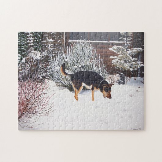 Puzzle Winter snow scene with cute black and tan dog (Horizontal)