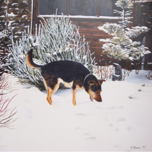 Puzzle Winter snow scene with cute black and tan dog