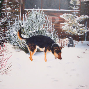 Puzzle Winter snow scene with cute black and tan dog