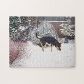 Puzzle Winter snow scene with cute black and tan dog (Horizontal)
