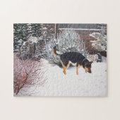 Puzzle Winter snow scene with cute black and tan dog (Horizontal)