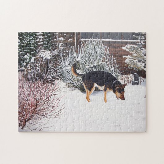 Puzzle Winter snow scene with cute black and tan dog (Horizontal)