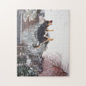 Puzzle Winter snow scene with cute black and tan dog (Vertical)