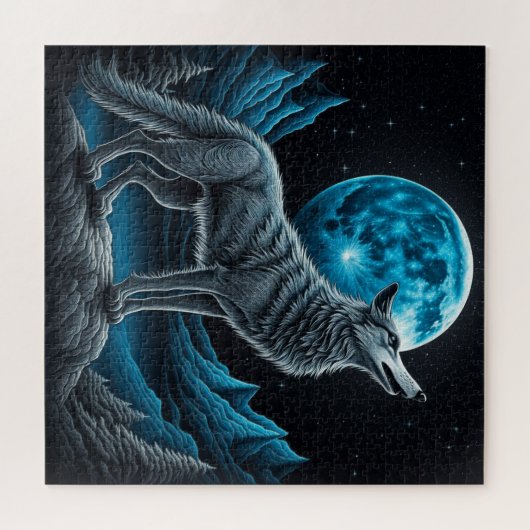 Puzzle Wolf debout devant la Pleine lune | Art AI (Horizontal)