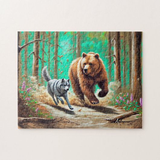 Puzzle Wolf et ours Chase Pastel Chalk Forest Scène (Horizontal)