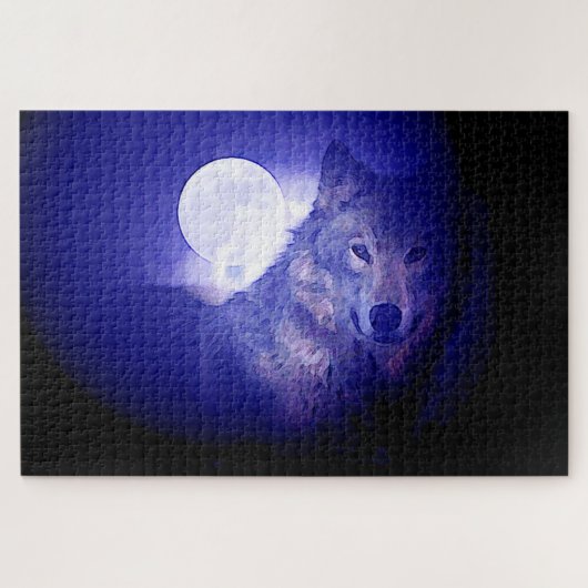 Puzzle Wolf Fullmoon & Blue Night - Wild Animals Art (Horizontal)