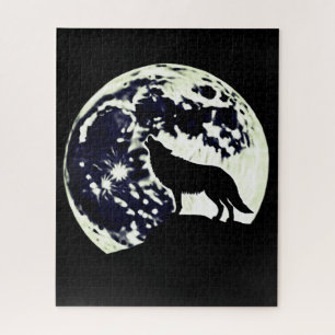 Puzzle Wolf Howling Silhouetté contre une Pleine lune