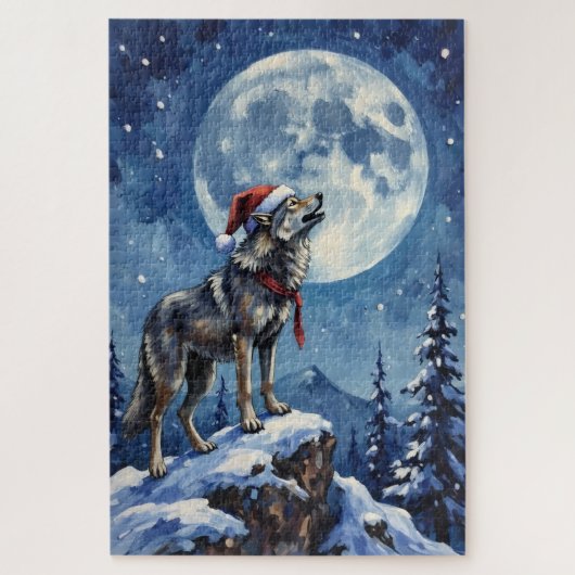 Puzzle Wolf Howling Under the Christmas Moon Hat (Vertical)
