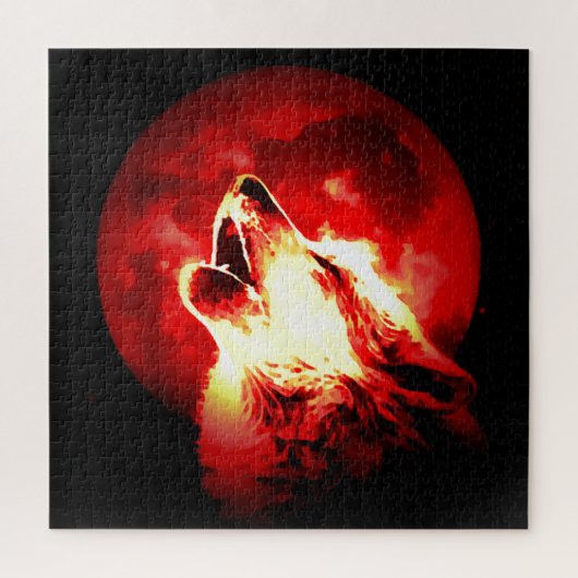 Puzzle Wolf, Moon & Red Sky Illustration (Vertical)
