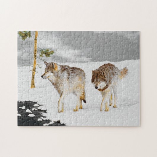 Puzzle Wolves in Snow Painting - Original Wildlife Art (Horizontal)
