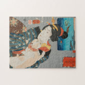 Puzzle Woman playing with Cat Vintage Japanese Print (Horizontal)