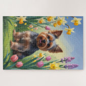 Puzzle Yorkshire Terrier Dog Fleurs de printemps de chien (Horizontal)