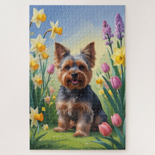 Puzzle Yorkshire Terrier Dog Fleurs de printemps de chien (Vertical)