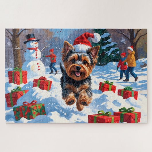 Puzzle Yorkshire Terrier en neige avec Casquette de Noël (Horizontal)