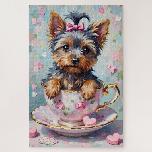 Puzzle Yorkshire Terrier in a Teacup Valentine's (Vertical)