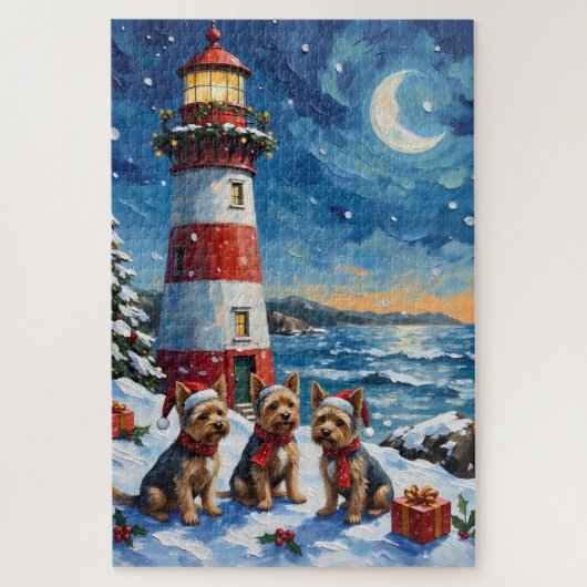 Puzzle Yorkshire Terrier Noël Phare Vacances (Vertical)