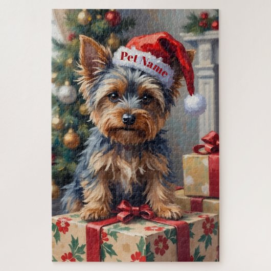 Puzzle Yorkshire Terrier on Presents with Santa Hat (Vertical)