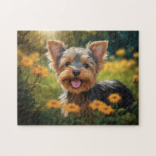 Puzzle Yorkshire Terrier Pup dans le champ de fleurs