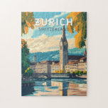 Puzzle Zurich Suisse Travel Art Vintage<br><div class="desc">Design de voyage vectoriel rétro de Zurich. Les ruelles pittoresques du centre d'Altstadt (vieille ville),  de part et d'autre de la rivière Limmat,  reflètent son histoire d'avant-Moyen-Age.</div>