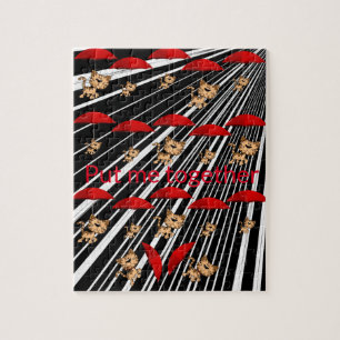 Puzzles Chats Parapluies rouges Gris Gris noir
