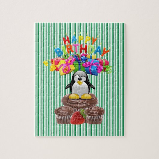 Puzzles Happy Birthday Penguin Green Stripe Legpuzzel (Verticaal)