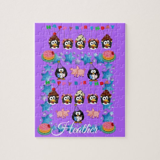 Puzzles Joyeux Anniversaire Pingouin Pigs Roses (Vertical)