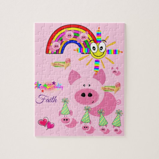 Puzzles Joyeux Anniversaire rose Cochons arc-en-ci (Vertical)