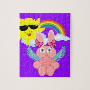 Puzzles lapin rose arc-en-ciel nuages soleil