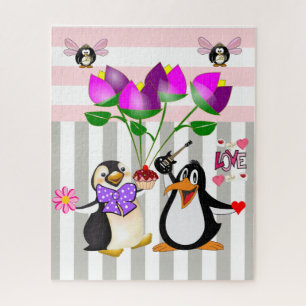 Puzzles Penguin Love Floral Grey & White Stripe