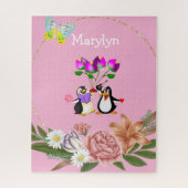 Puzzles Pink Floral Monogram Penguin (Vertical)