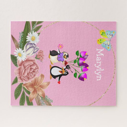 Puzzles Pink Floral Monogram Penguin (Horizontal)