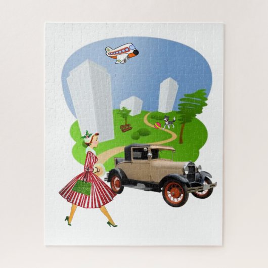 Puzzles Retro Woman Park Dog Legpuzzel (Verticaal)