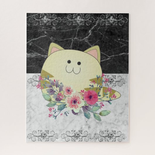 Puzzles rose floral chat noir & Marbre blanc (Vertical)