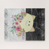 Puzzles rose floral chat noir & Marbre blanc (Horizontal)
