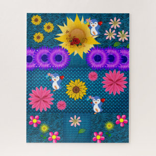 Puzzles Rose rouge Floral Penguin bleu