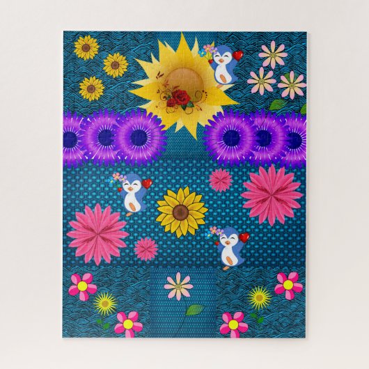 Puzzles Rose rouge Floral Penguin bleu (Vertical)